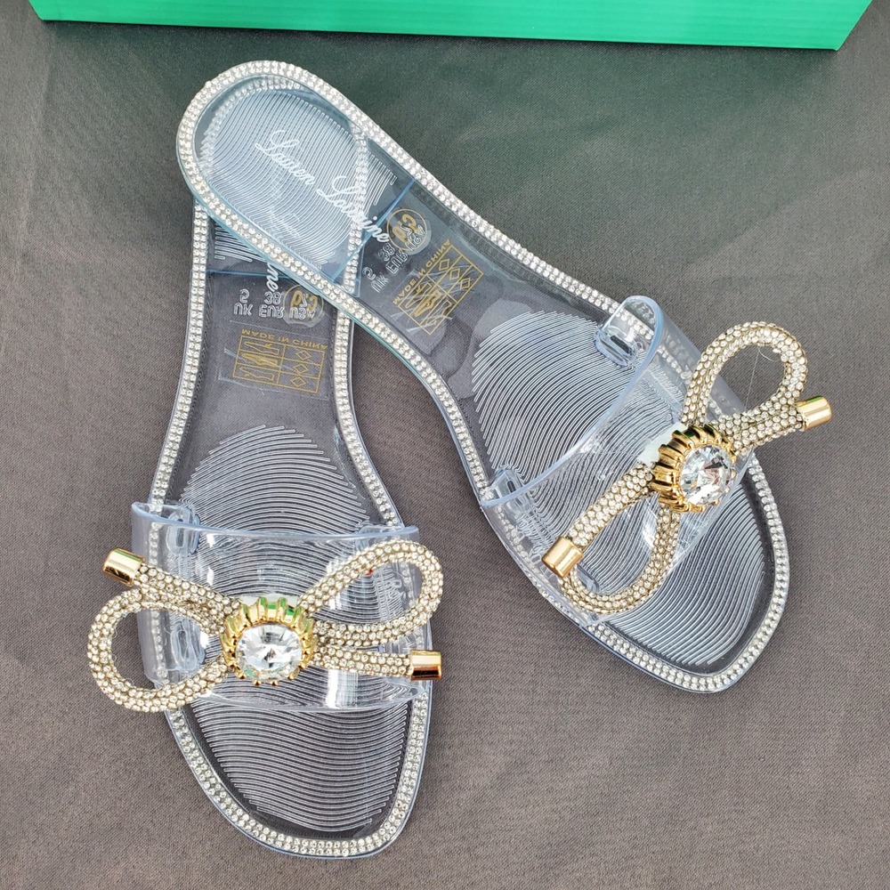 Lauren Lorraine Breeze Clear Jelly Rhinestone Bow Slide Sandals Womens 6.5 New